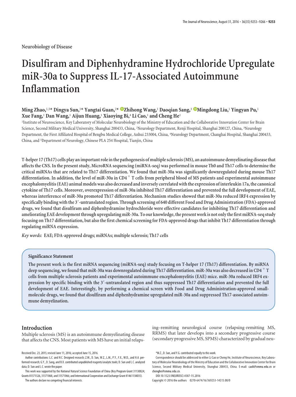 Disulfiram and Diphenhydramine Hydrochloride Upregulate Mir-30A to Suppress IL-17-Associated Autoimmune Inflammation