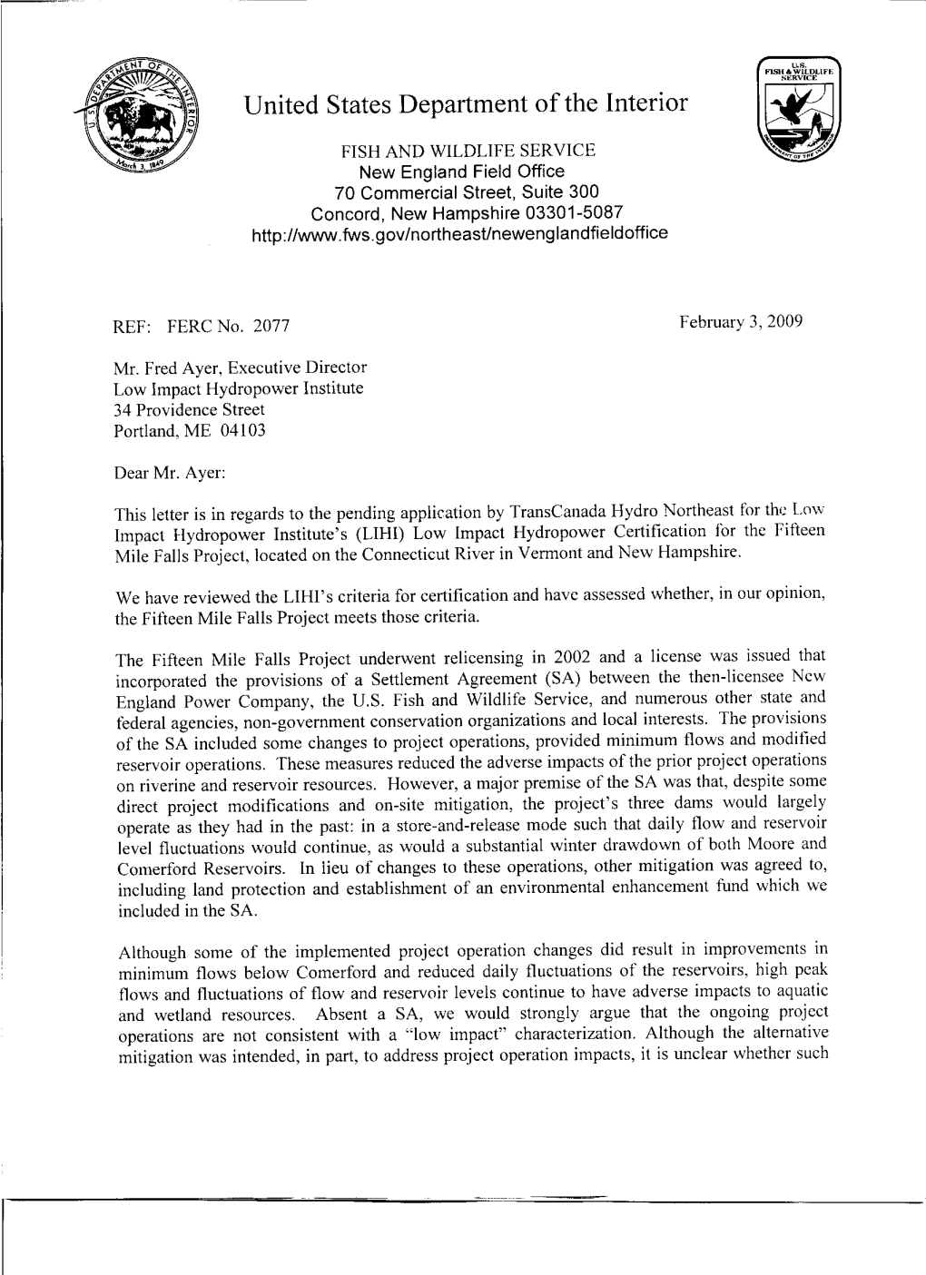 Fifteen Mile Falls US Fish and Wildlife Service Letter