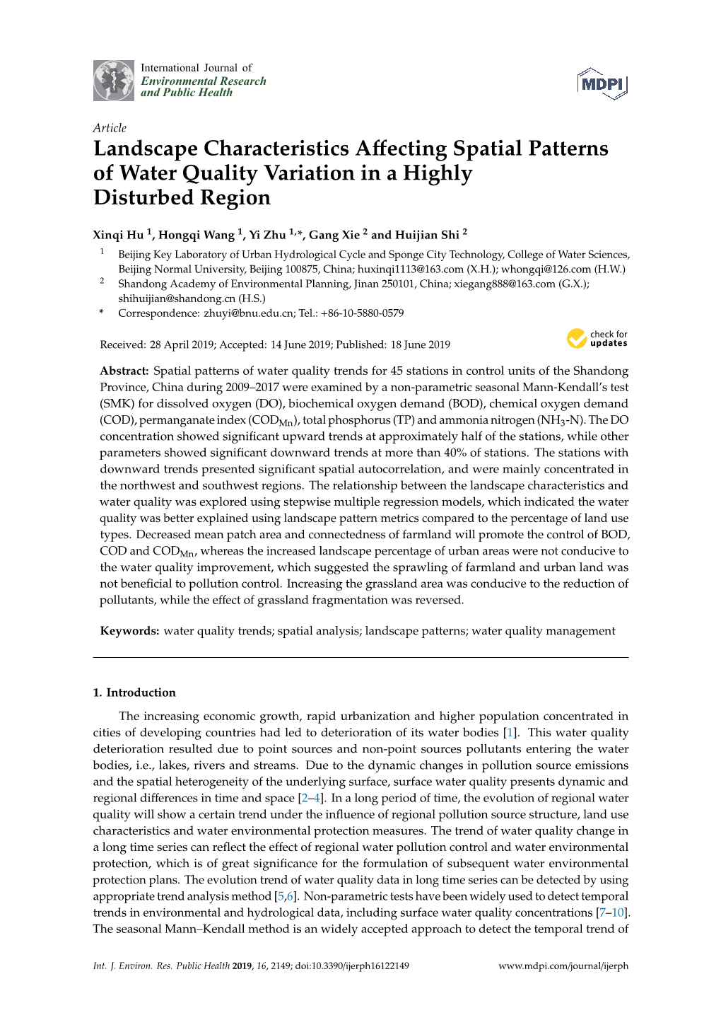 Landscape Characteristics Affecting Spatial Patterns of Water Quality