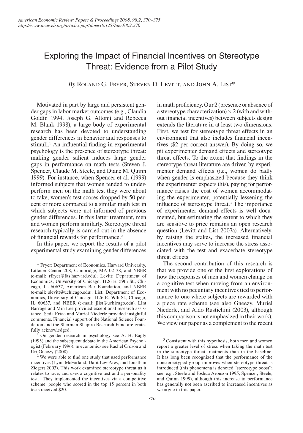 Exploring the Impact of Financial Incentives on Stereotype Threat: Evidence from a Pilot Study