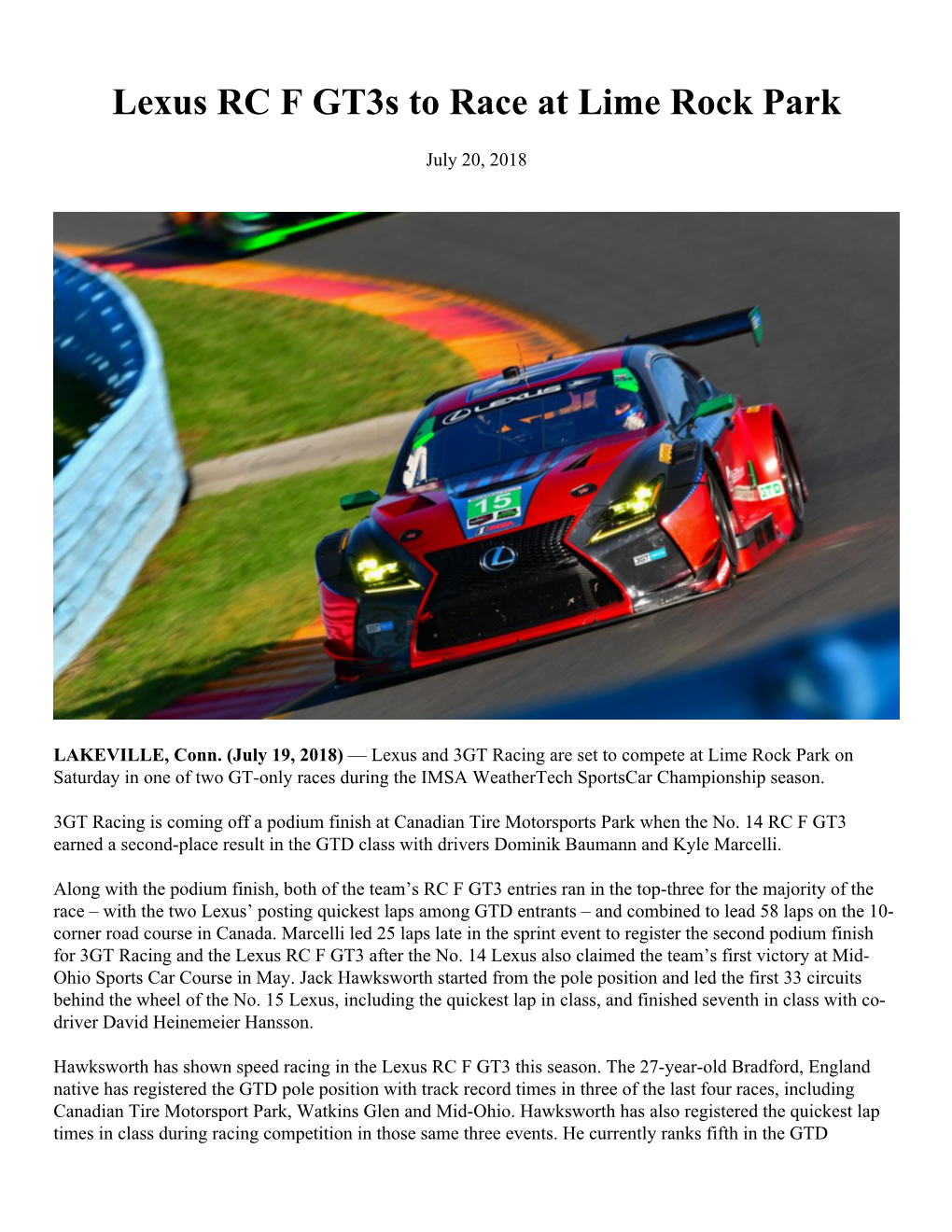 Lexus RC F Gt3s to Race at Lime Rock Park