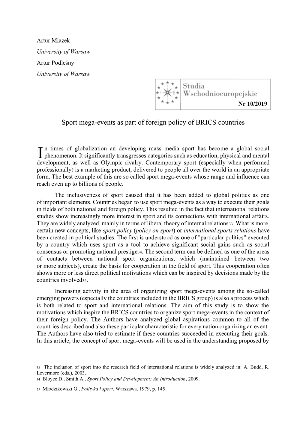 Sport Mega-Events As Part of Foreign Policy of BRICS Countries