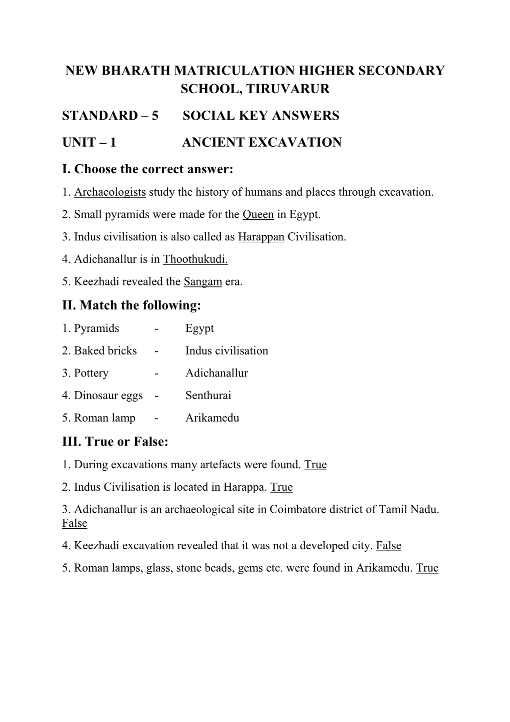 5 Social Key Answers Unit – 1 Ancient Excavation I