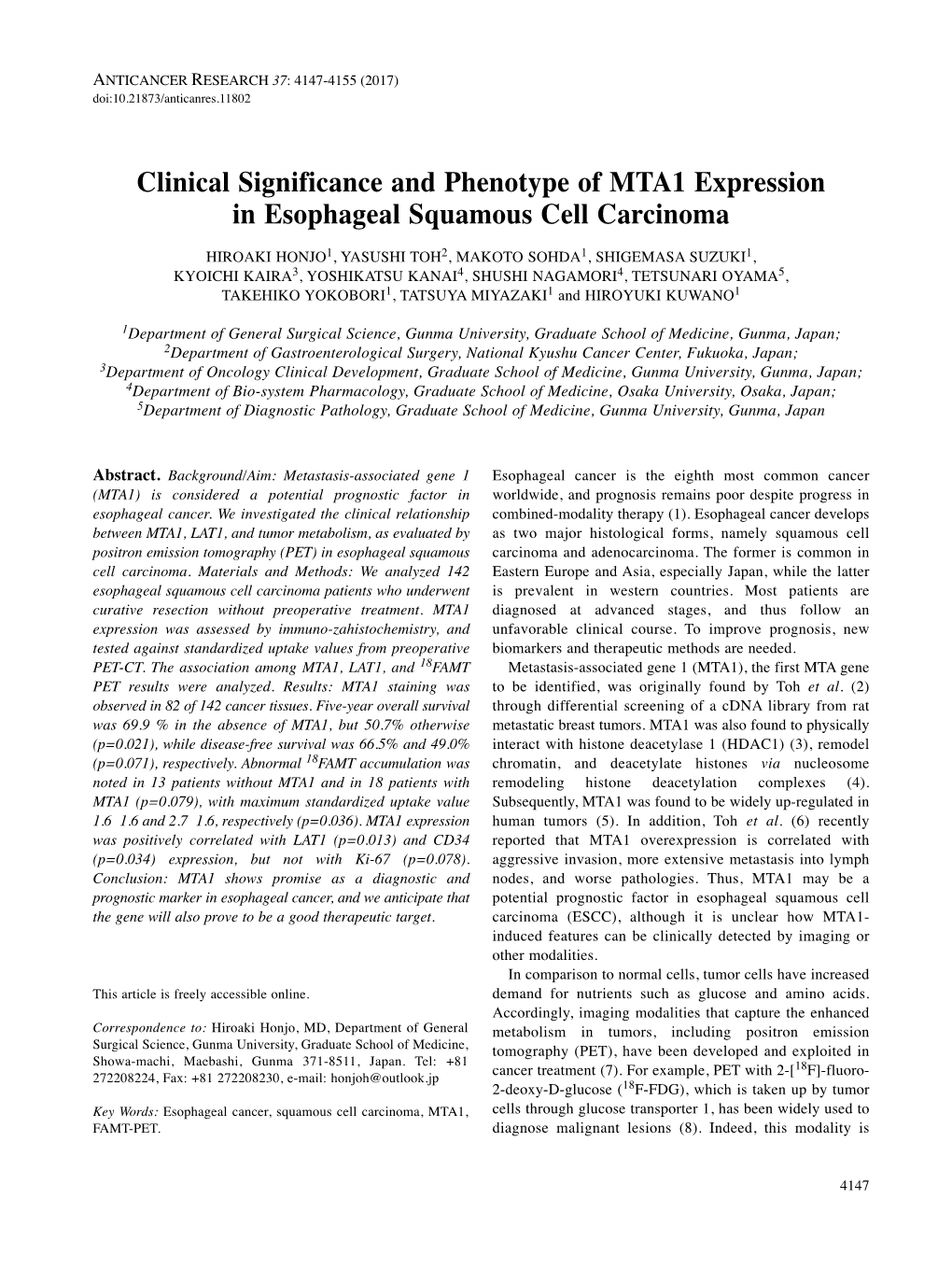 Clinical Significance and Phenotype of MTA1 Expression in Esophageal Squamous Cell Carcinoma