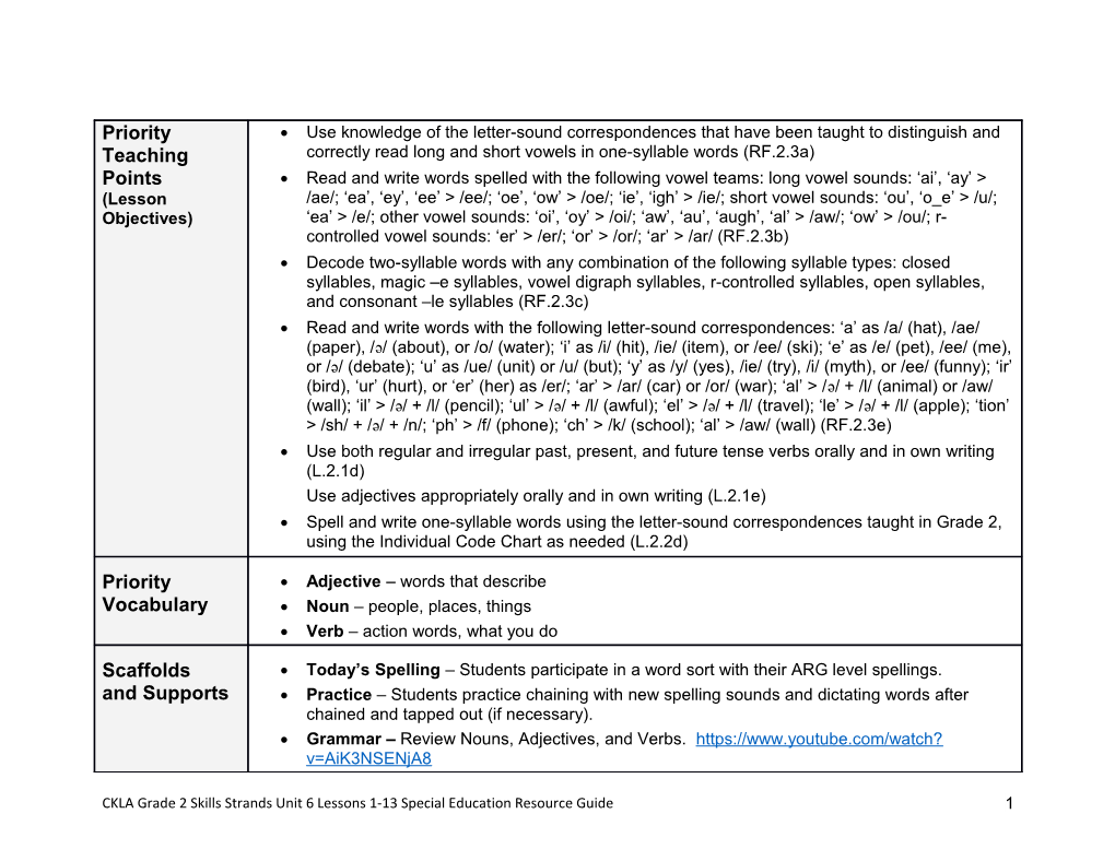 CKLA Grade 2 Skills Strands Unit 6 Lessons 1-13 Special Education Resource Guide