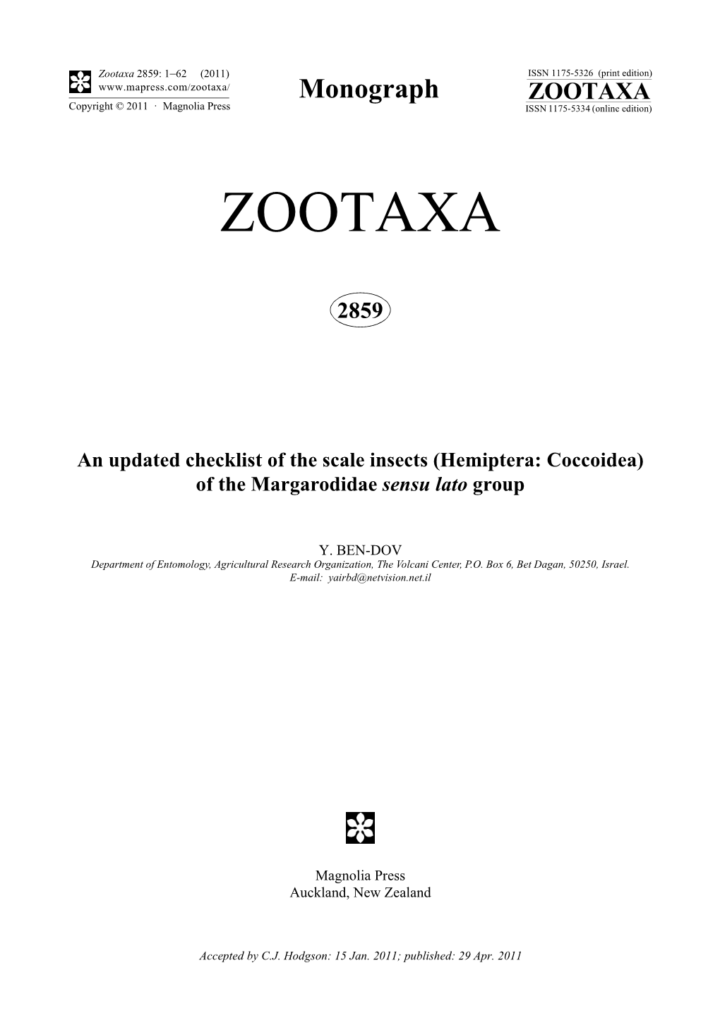 An Updated Checklist of the Scale Insects (Hemiptera: Coccoidea) of the Margarodidae Sensu Lato Group