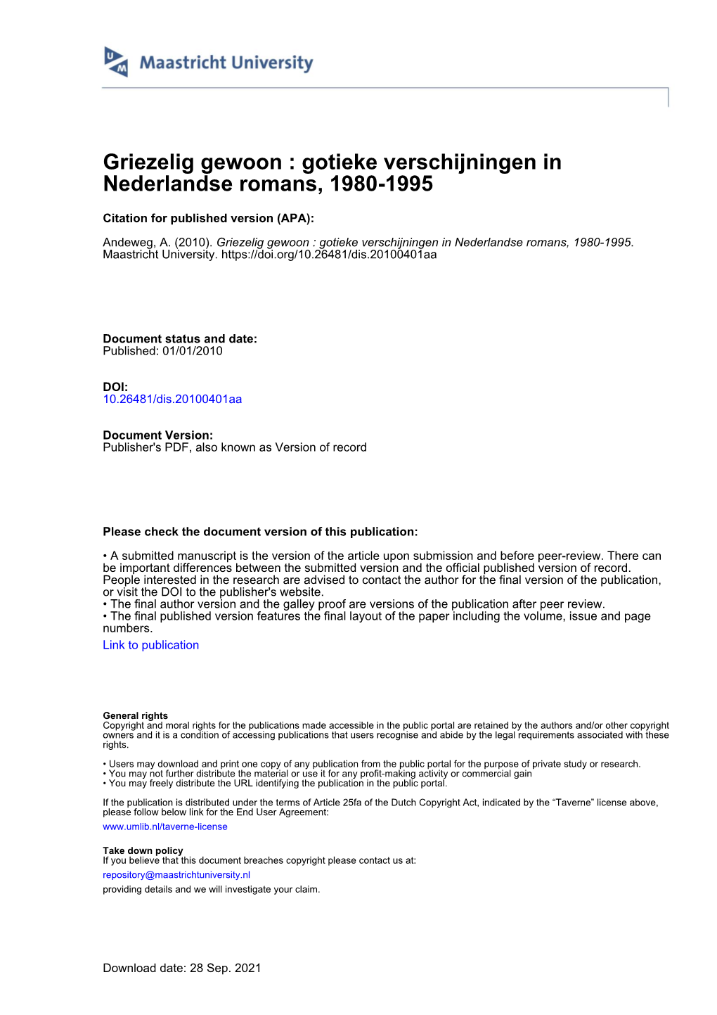 Gotieke Verschijningen in Nederlandse Romans, 1980-1995