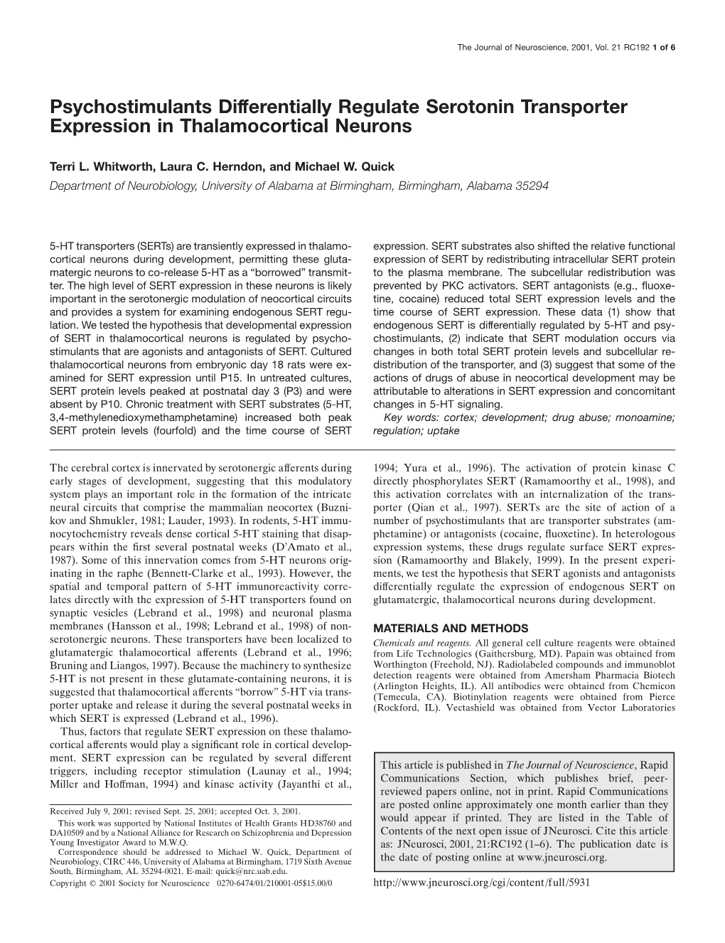 Psychostimulants Differentially Regulate Serotonin Transporter Expression in Thalamocortical Neurons