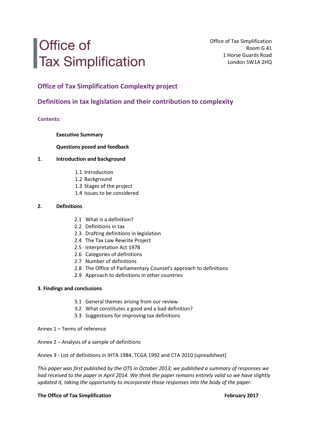 Office of Tax Simplification Complexity Project Definitions in Tax