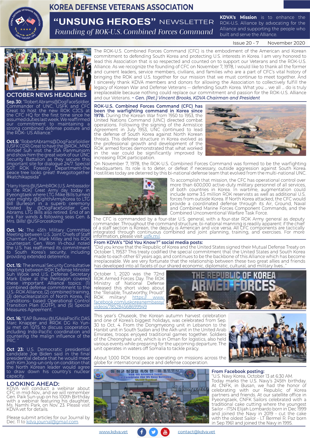 KOREA DEFENSE VETERANS ASSOCIATION KDVA’S Mission Is to Enhance the “UNSUNG HEROES” NEWSLETTER ROK-U.S