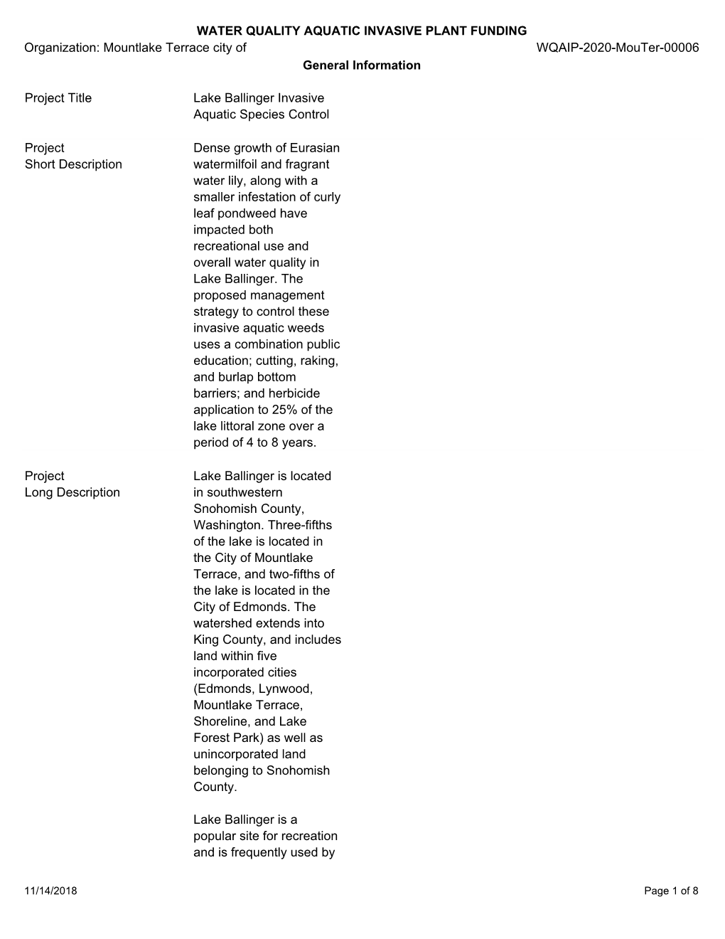 Organization: Mountlake Terrace City of WQAIP-2020-Mouter-00006 Project Title Lake Ballinger Invasive Aquatic Species Control Pr