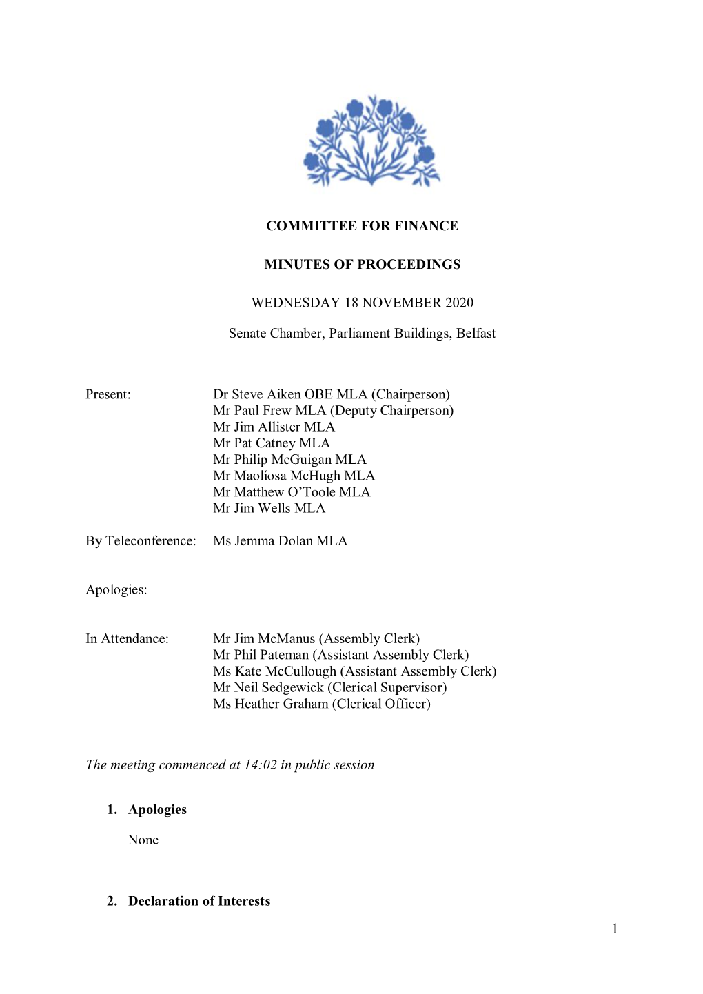 Committee for Finance Meeting Minutes of Proceedings 18