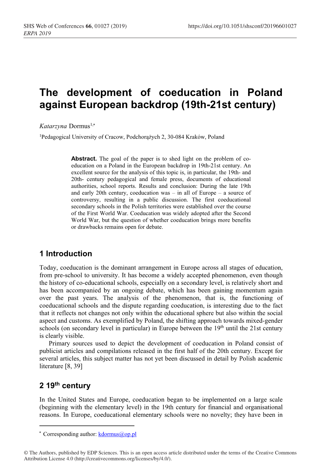 The Development of Coeducation in Poland Against European Backdrop (19Th-21St Century)