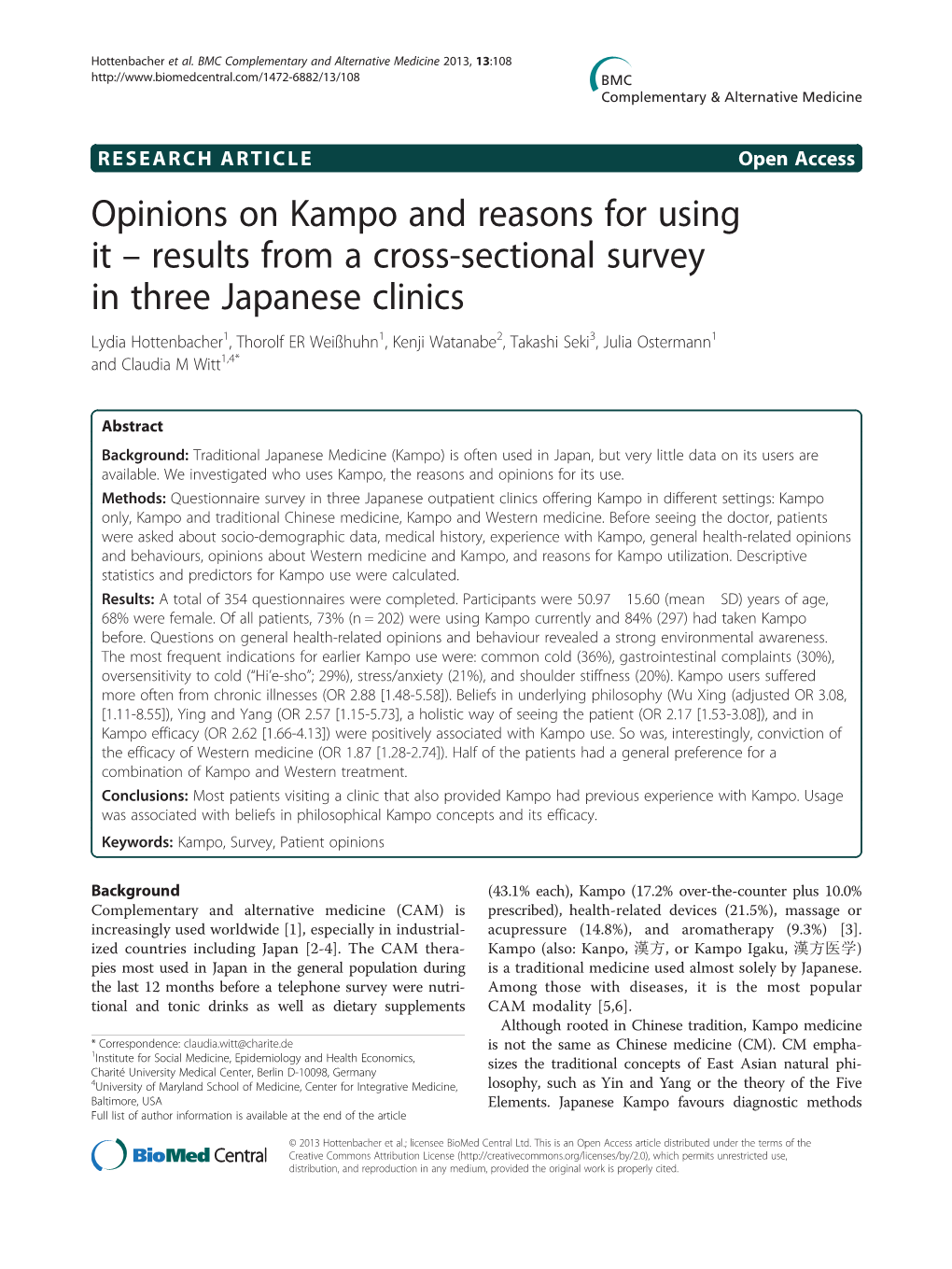 Results from a Cross-Sectional Survey in Three Japanese Clinics
