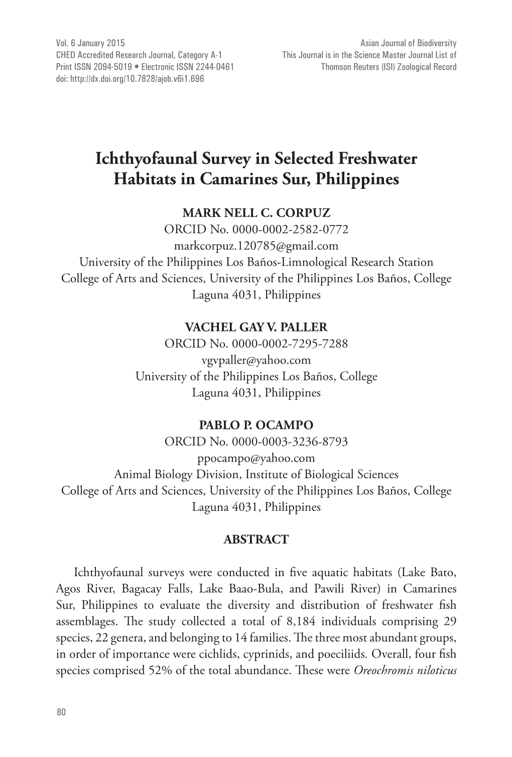 Ichthyofaunal Survey in Selected Freshwater Habitats in Camarines Sur, Philippines