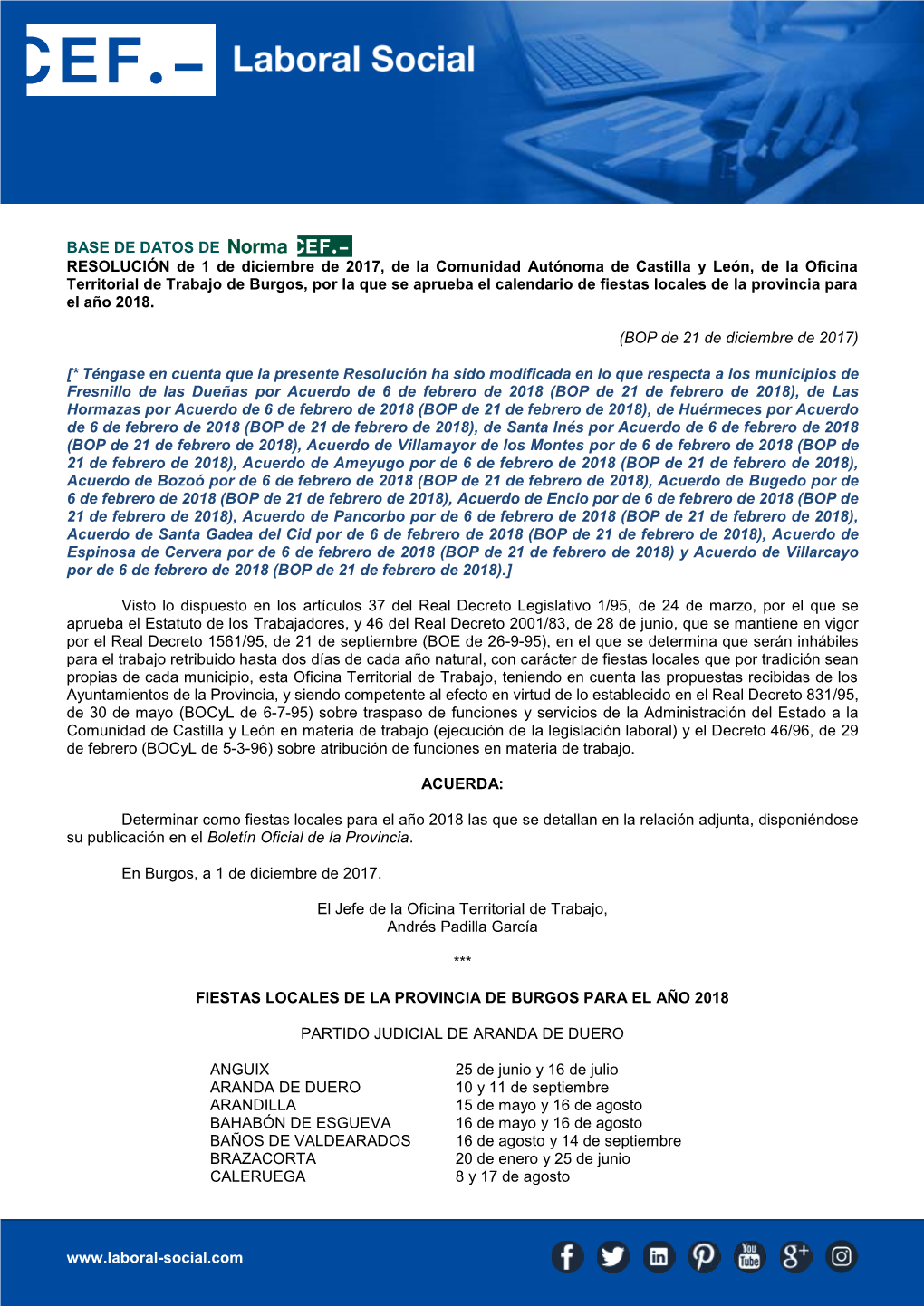 BASE DE DATOS DE RESOLUCIÓN De 1 De Diciembre De 2017, De La Comunidad Autónoma De Castilla Y León, De