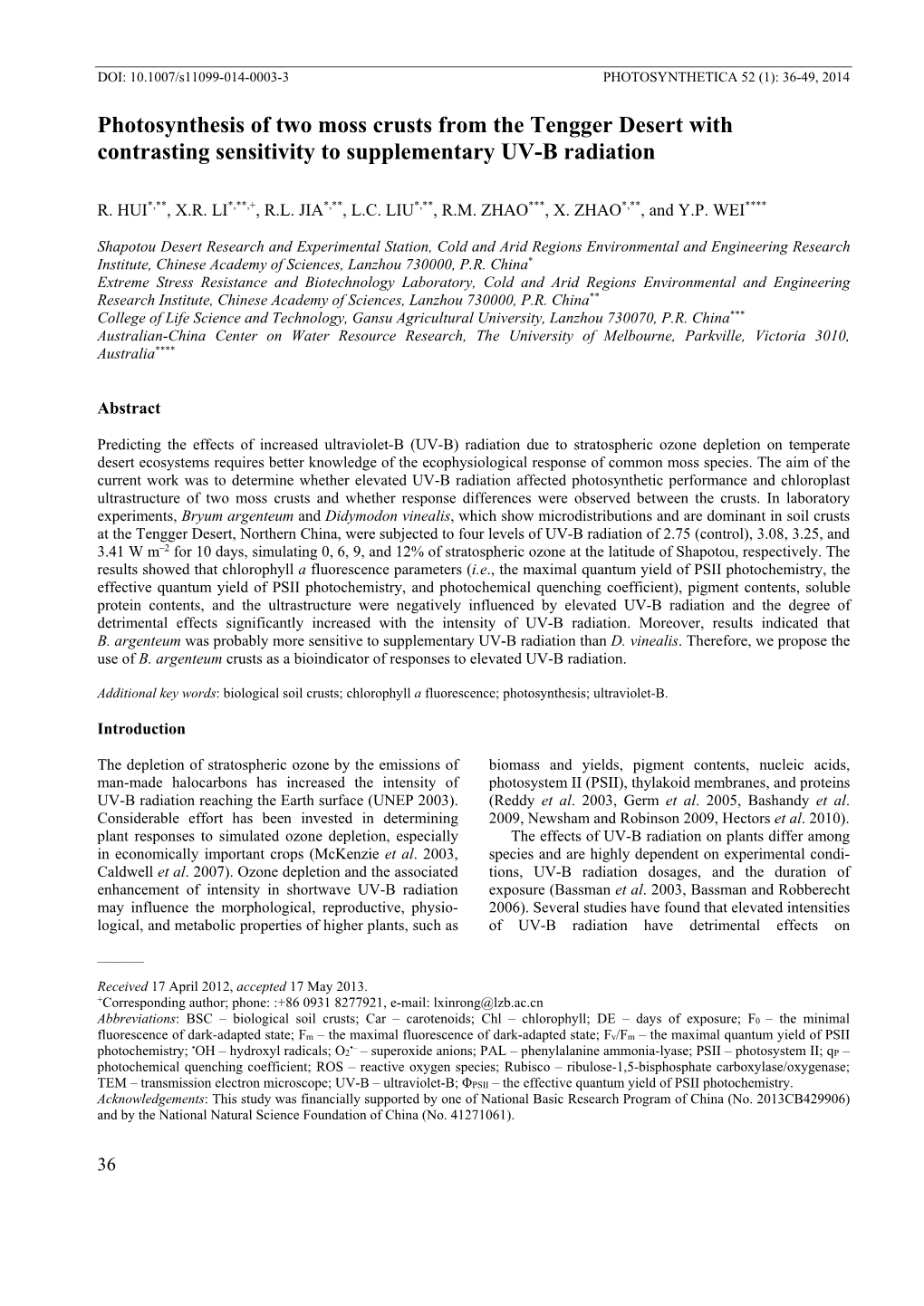 Photosynthesis of Two Moss Crusts from the Tengger Desert with Contrasting Sensitivity to Supplementary UV-B Radiation