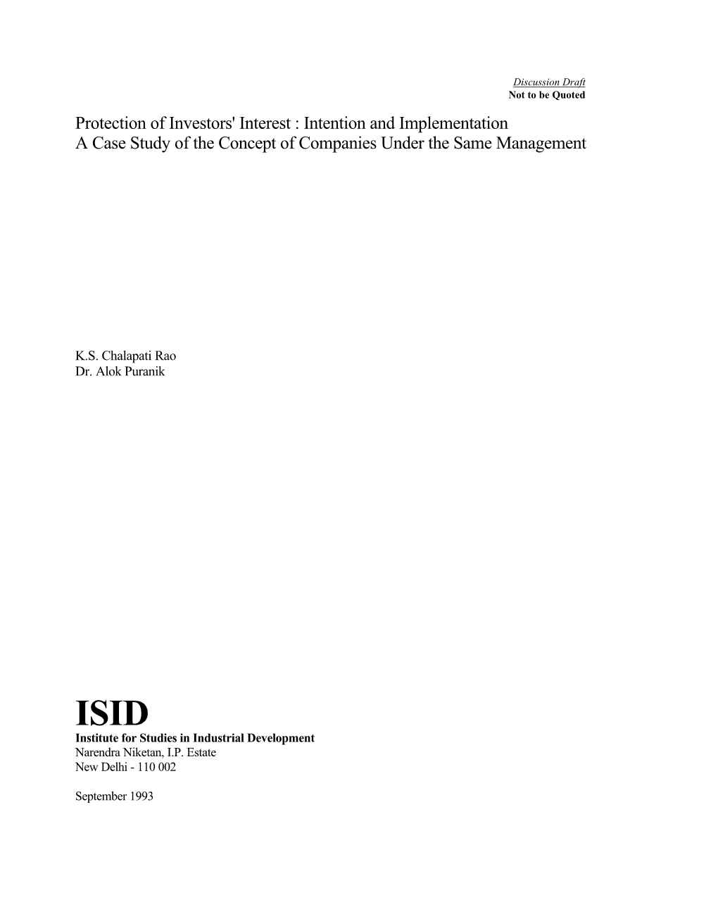 Protection of Investors' Interest : Intention and Implementation a Case Study of the Concept of Companies Under the Same Management