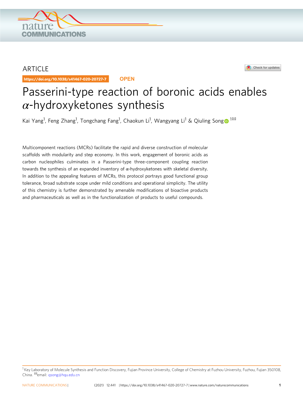 Passerini-Type Reaction of Boronic Acids Enables Î±-Hydroxyketones
