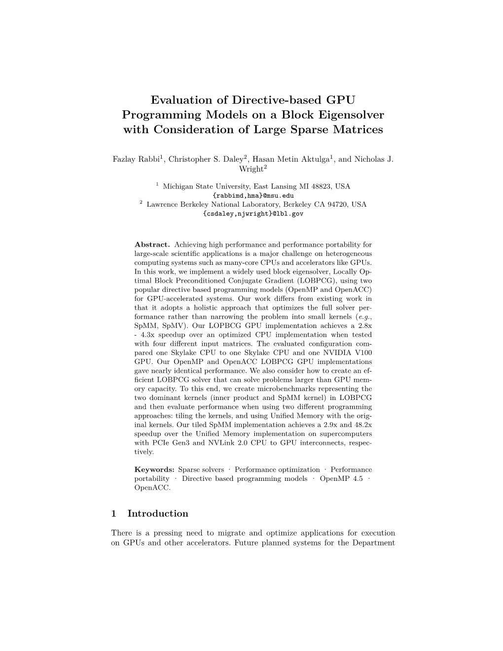 Evaluation of Directive-Based GPU Programming Models on a Block Eigensolver with Consideration of Large Sparse Matrices