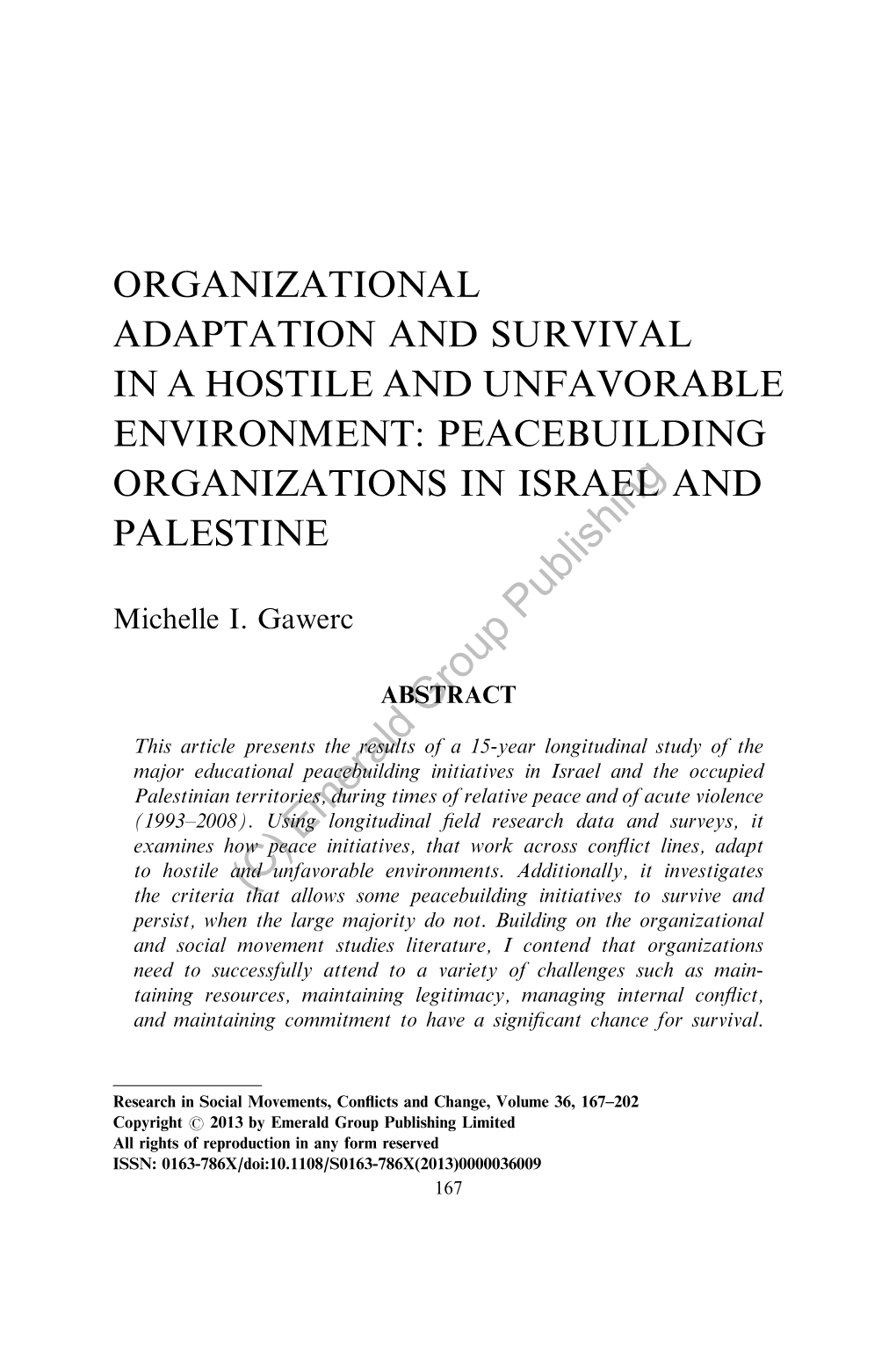 Organizational Adaptation and Survival in a Hostile and Unfavorable Environment: Peacebuilding Organizations in Israel and Palestine