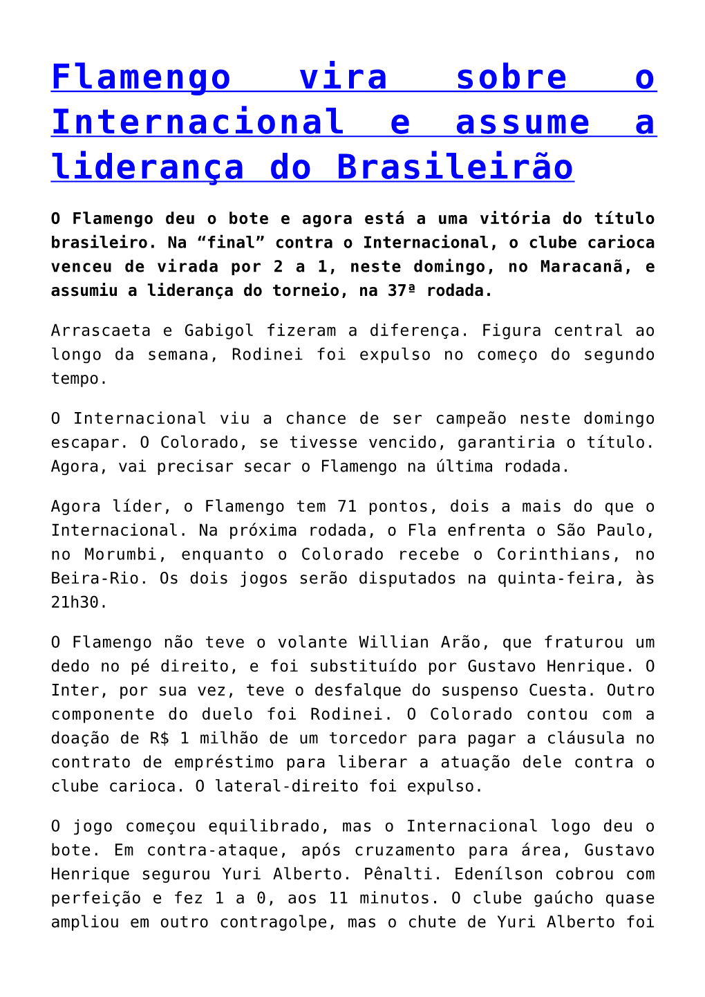 Flamengo Vira Sobre O Internacional E Assume a Liderança Do Brasileirão