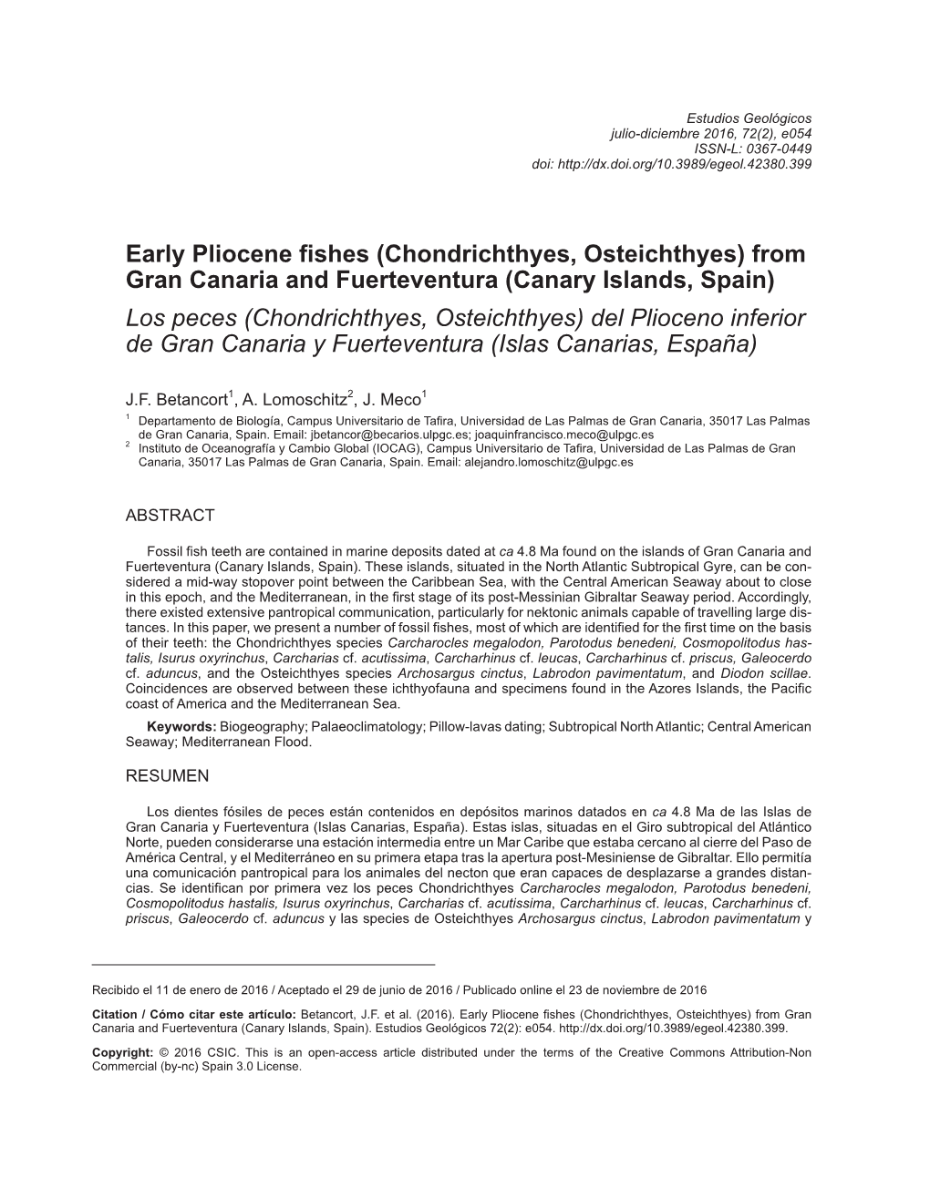 Chondrichthyes, Osteichthyes) Del Plioceno Inferior De Gran Canaria Y Fuerteventura (Islas Canarias, España