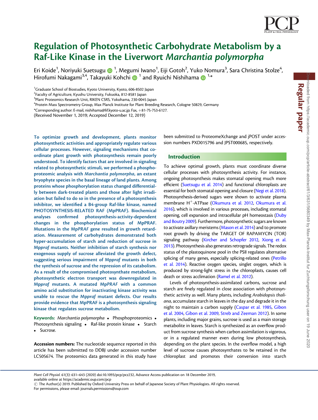 Regulation of Photosynthetic Carbohydrate Metabolism by a Raf-Like Kinase in the Liverwort Marchantia Polymorpha 1 1 1 2 3 4