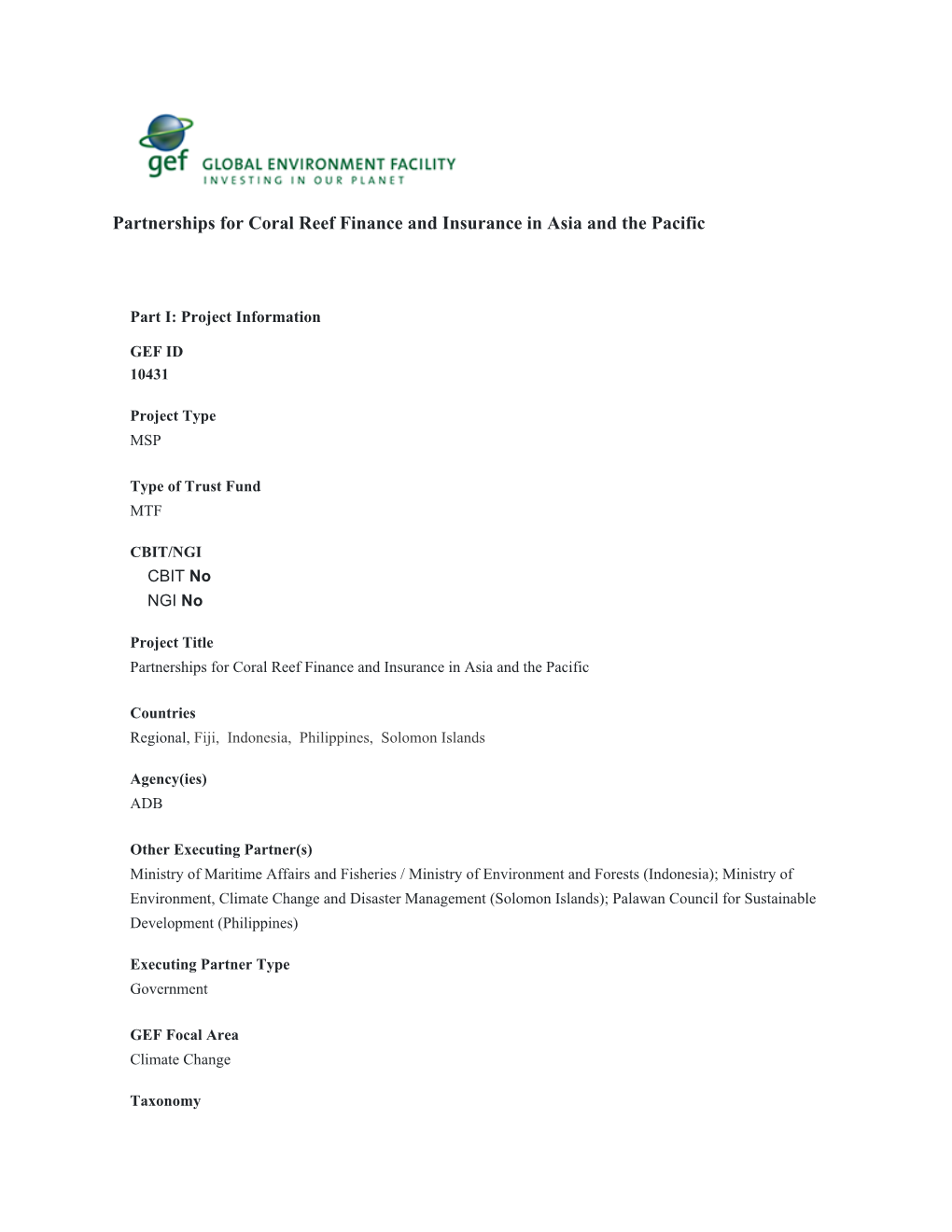 Global Environment Facility (GEF) Operations