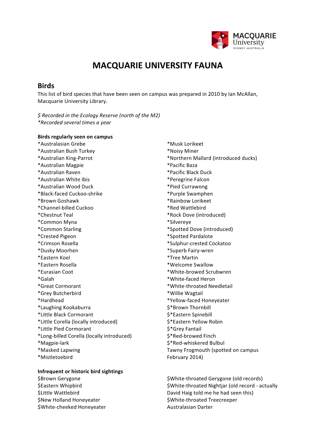 Birds This List of Bird Species That Have Been Seen on Campus Was Prepared in 2010 by Ian Mcallan, Macquarie University Library