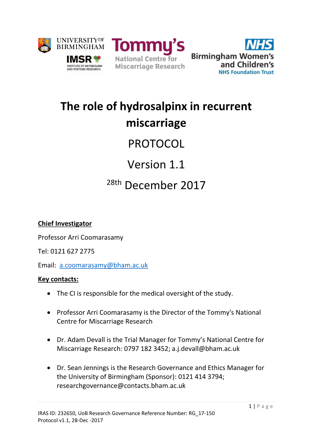 The Role of Hydrosalpinx in Recurrent Miscarriage PROTOCOL Version 1.1 28Th December 2017