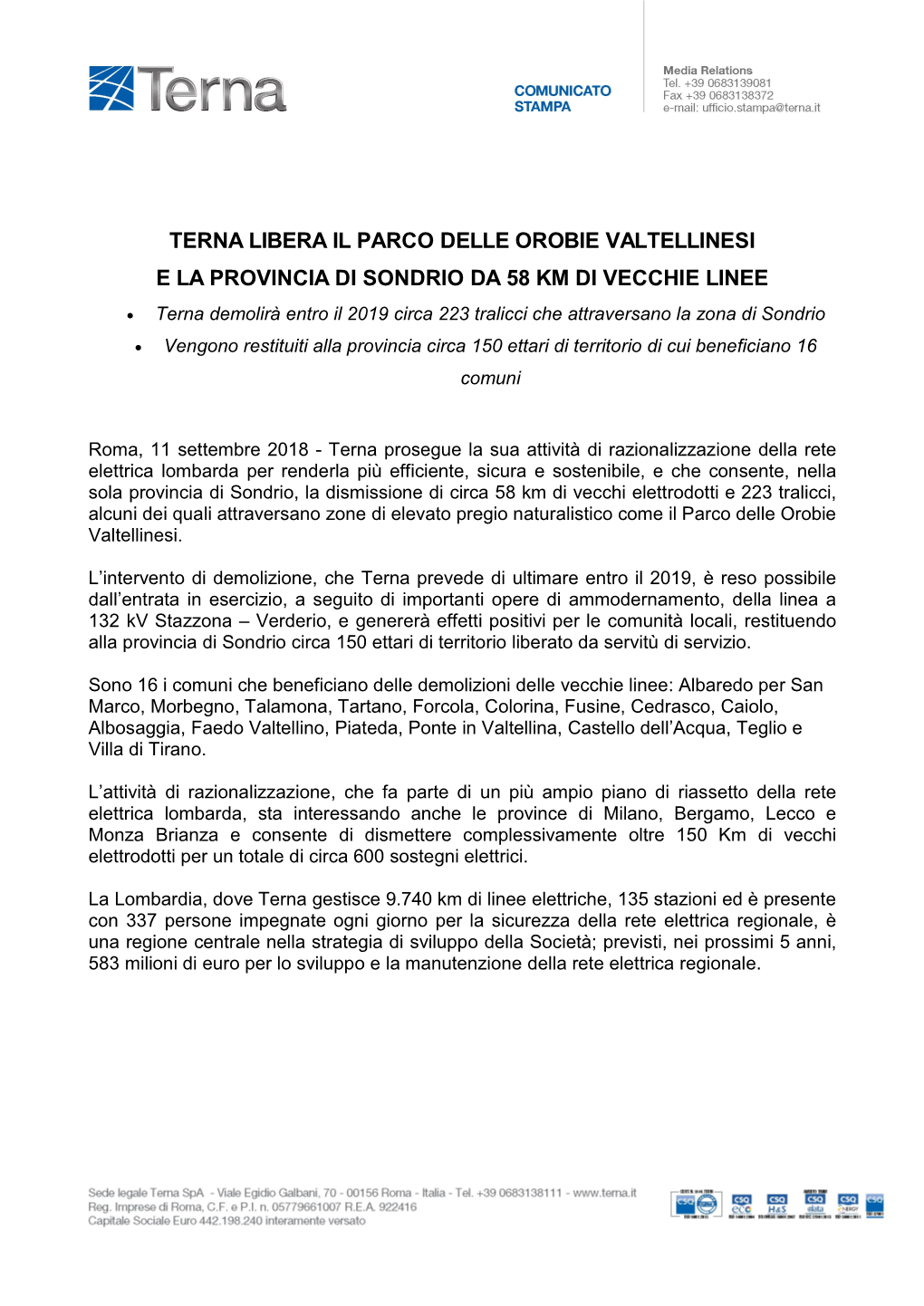 Terna Libera Il Parco Delle Orobie Valtellinesi E La Provincia Di Sondrio Da 58 Km Di Vecchie Linee