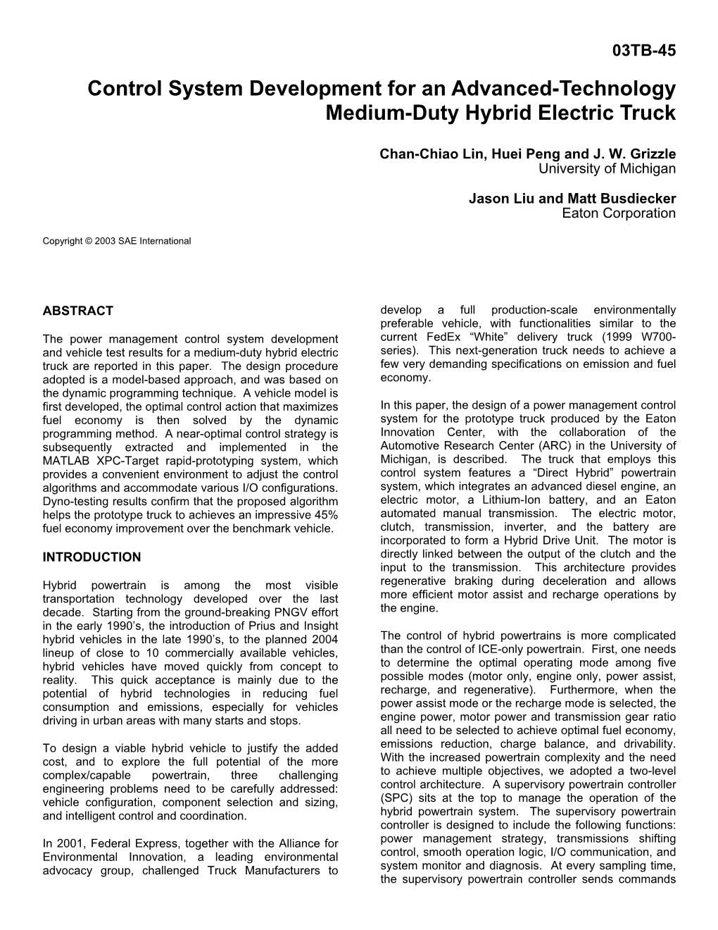 Control System Development for an Advanced-Technology Medium-Duty Hybrid Electric Truck