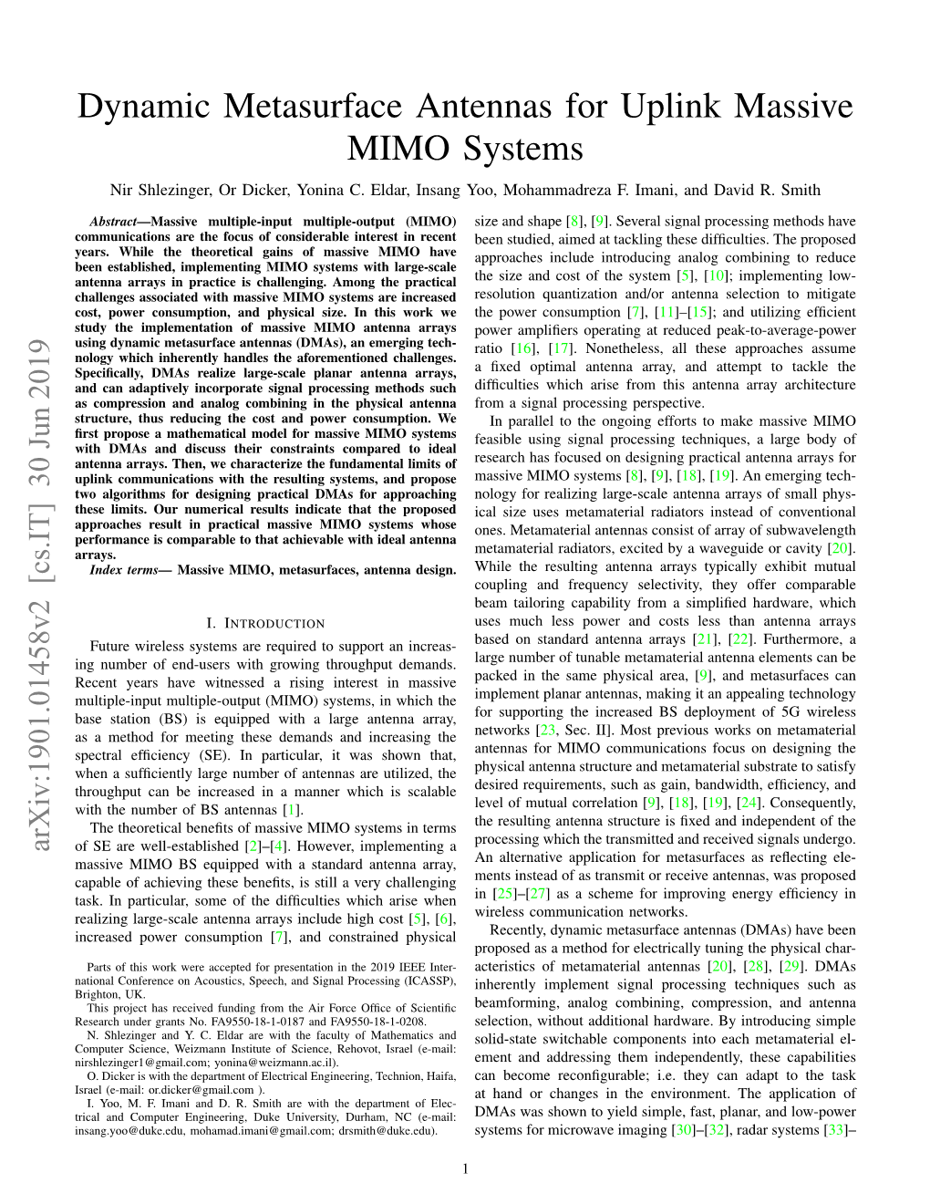 Dynamic Metasurface Antennas for Uplink Massive MIMO Systems Nir Shlezinger, Or Dicker, Yonina C