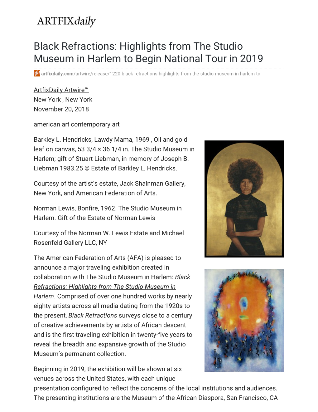 Black Refractions: Highlights from the Studio Museum in Harlem to Begin National Tour in 2019