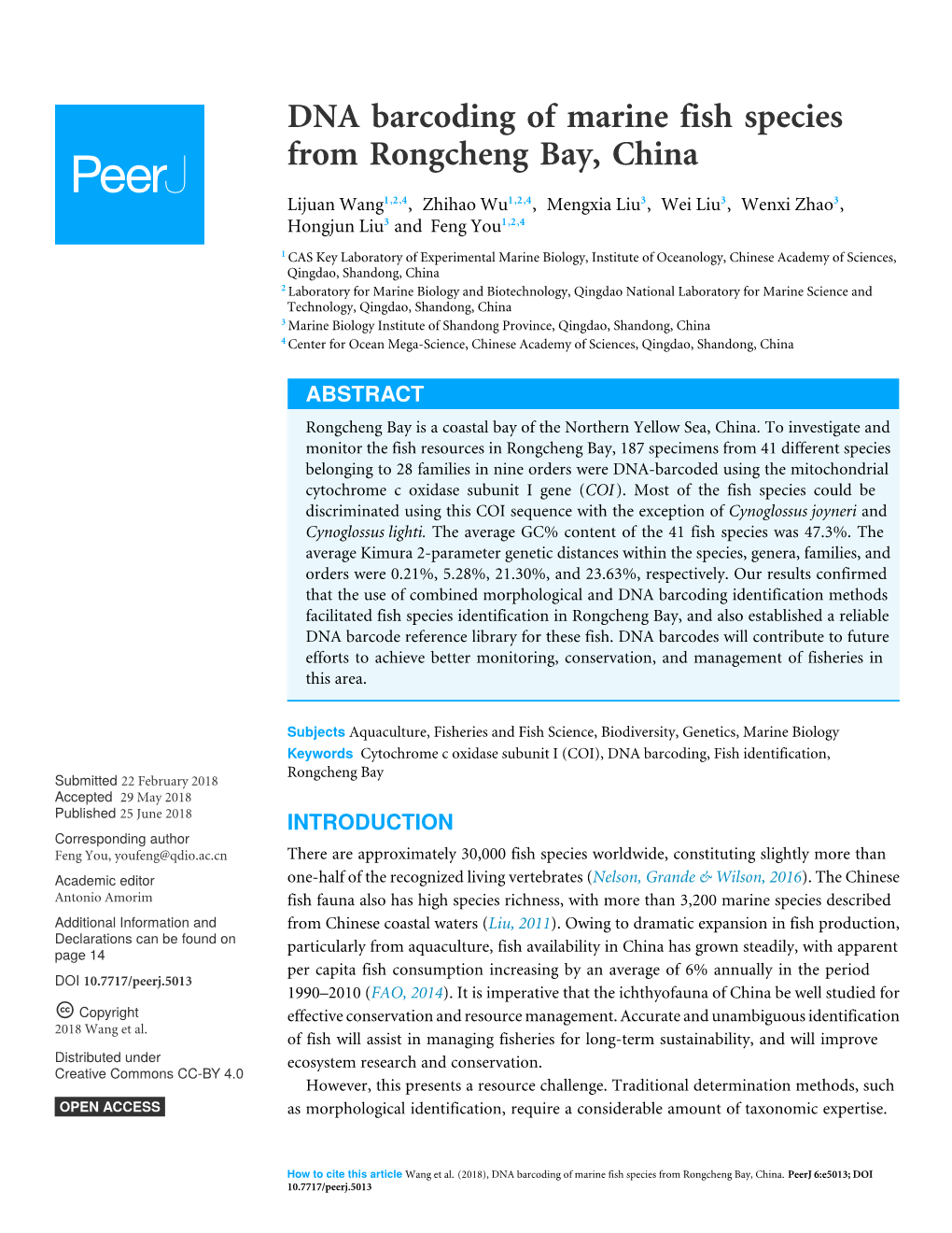 DNA Barcoding of Marine Fish Species from Rongcheng Bay, China