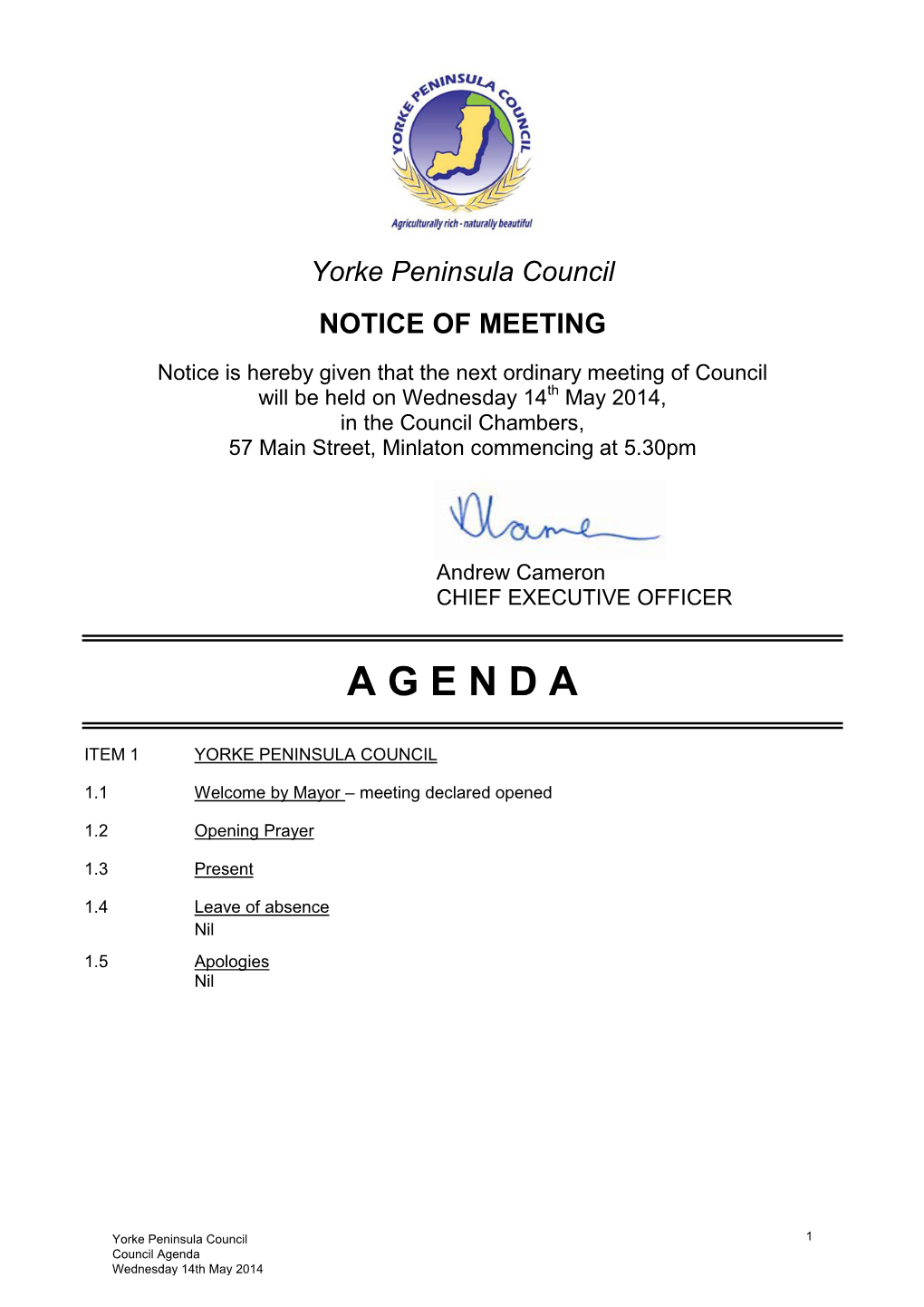 Council Agenda Wednesday 14Th May 2014 1.6 Conflict of Interest