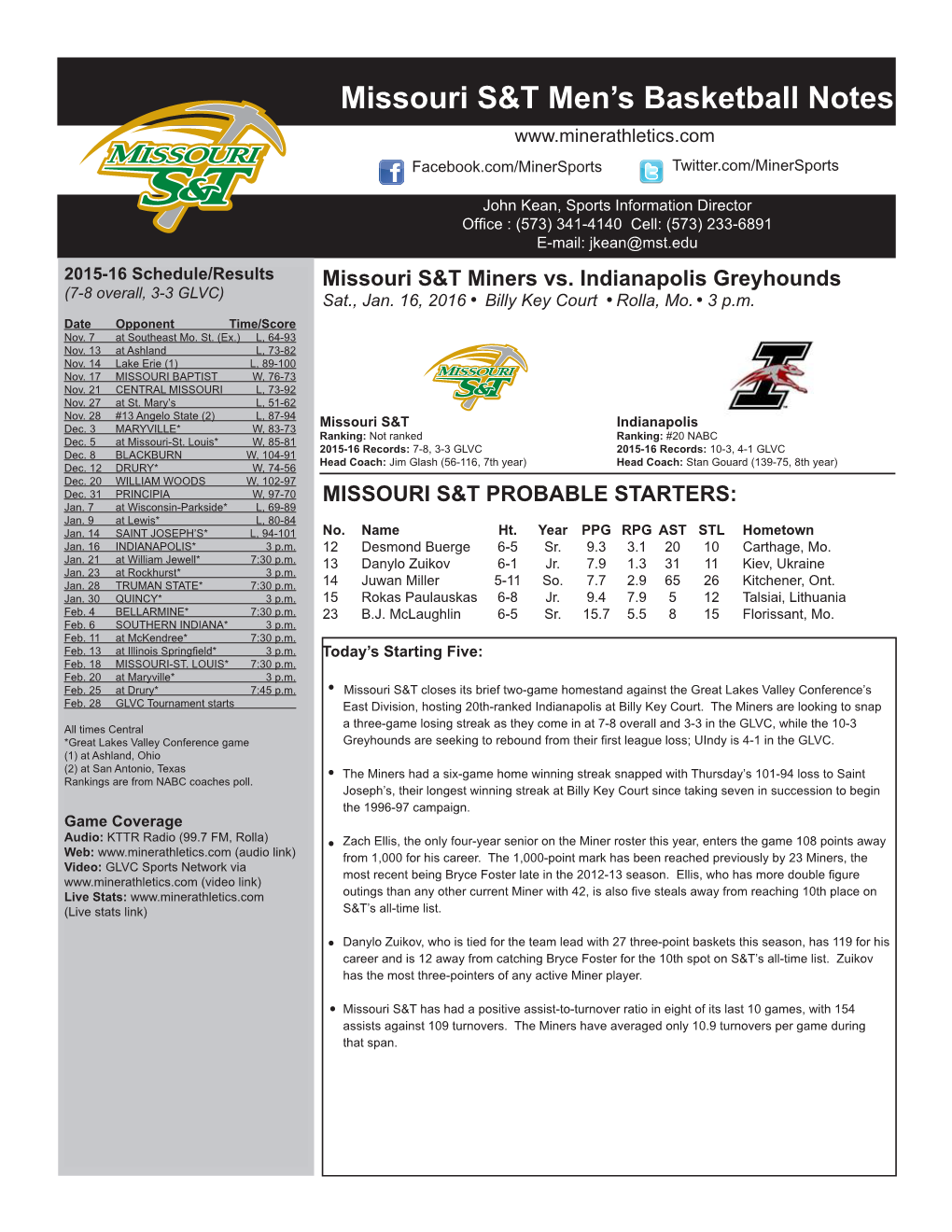 Missouri S&T Men's Basketball Notes