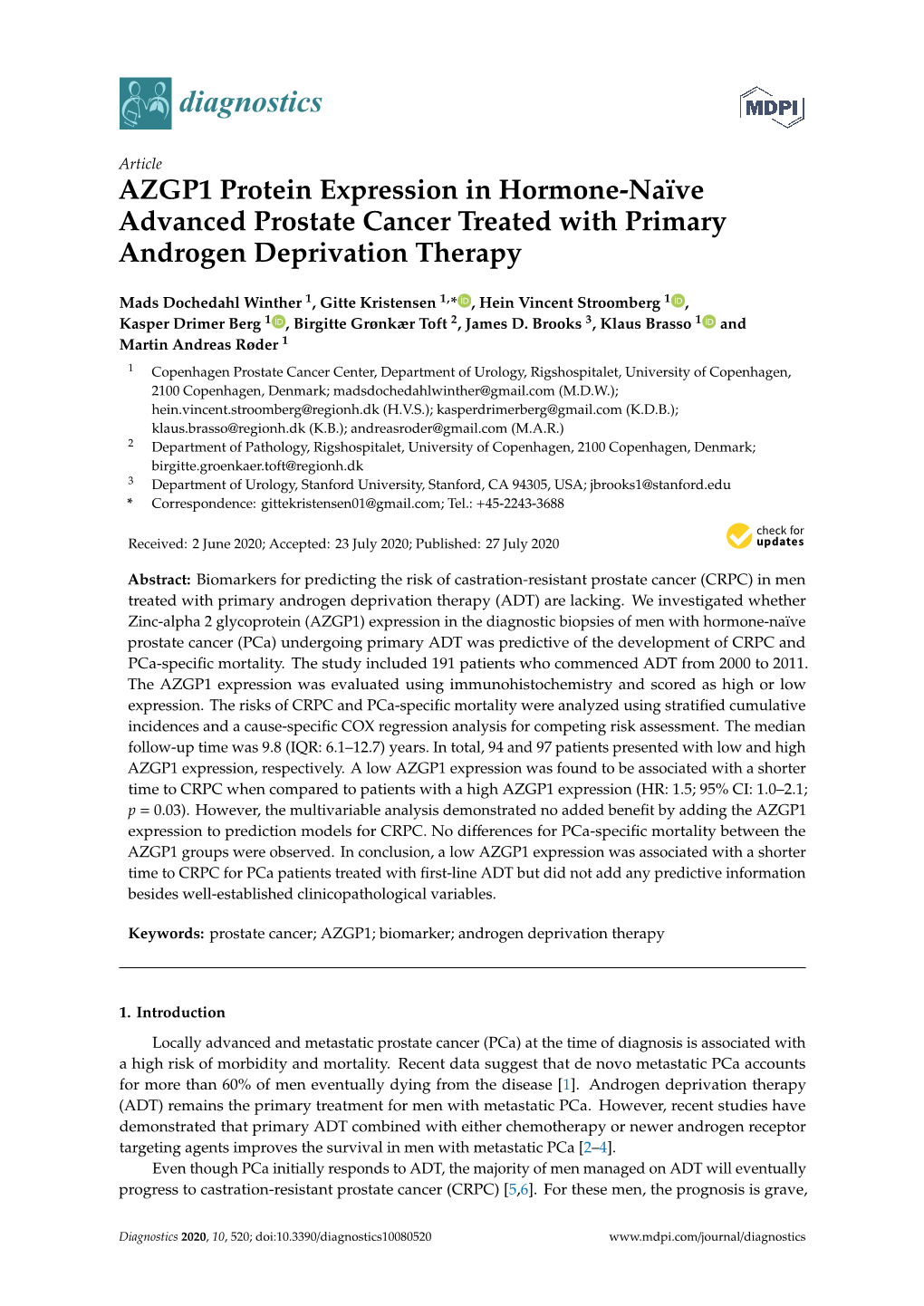 AZGP1 Protein Expression in Hormone-Naïve Advanced Prostate Cancer Treated with Primary Androgen Deprivation Therapy