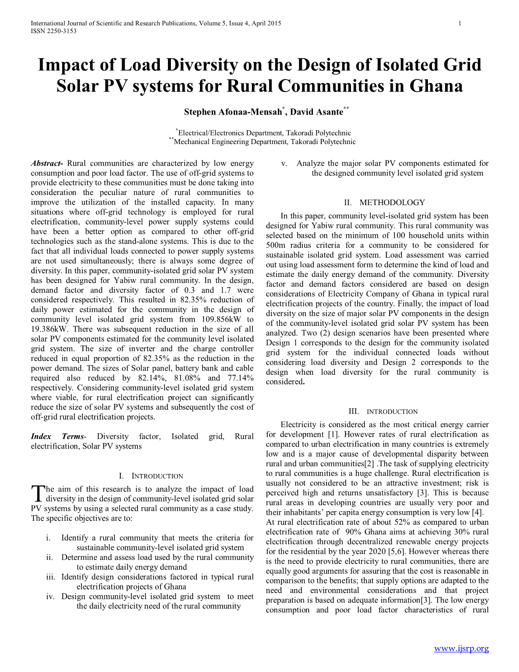 Impact of Load Diversity on the Design of Isolated Grid Solar PV Systems for Rural Communities in Ghana