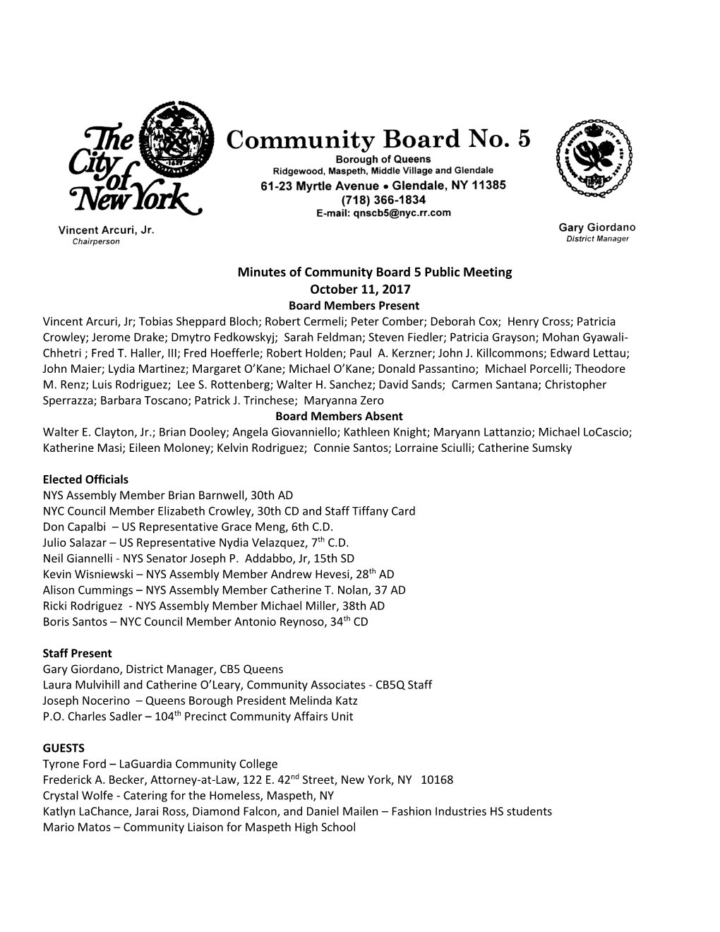 Minutes of Community Board 5 Public Meeting October 11, 2017