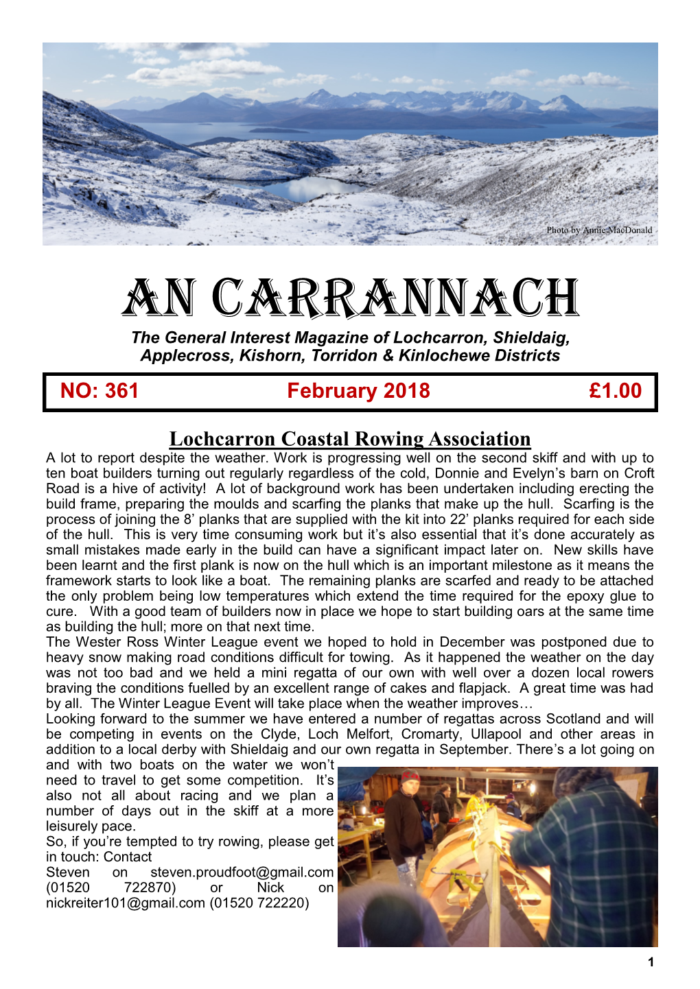 AN CARRANNACH the General Interest Magazine of Lochcarron, Shieldaig, Applecross, Kishorn, Torridon & Kinlochewe Districts NO: 361 February 2018 £1.00
