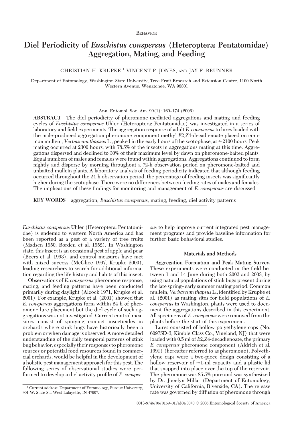 Diel Periodicity of Euschistus Conspersus (Heteroptera: Pentatomidae) Aggregation, Mating, and Feeding