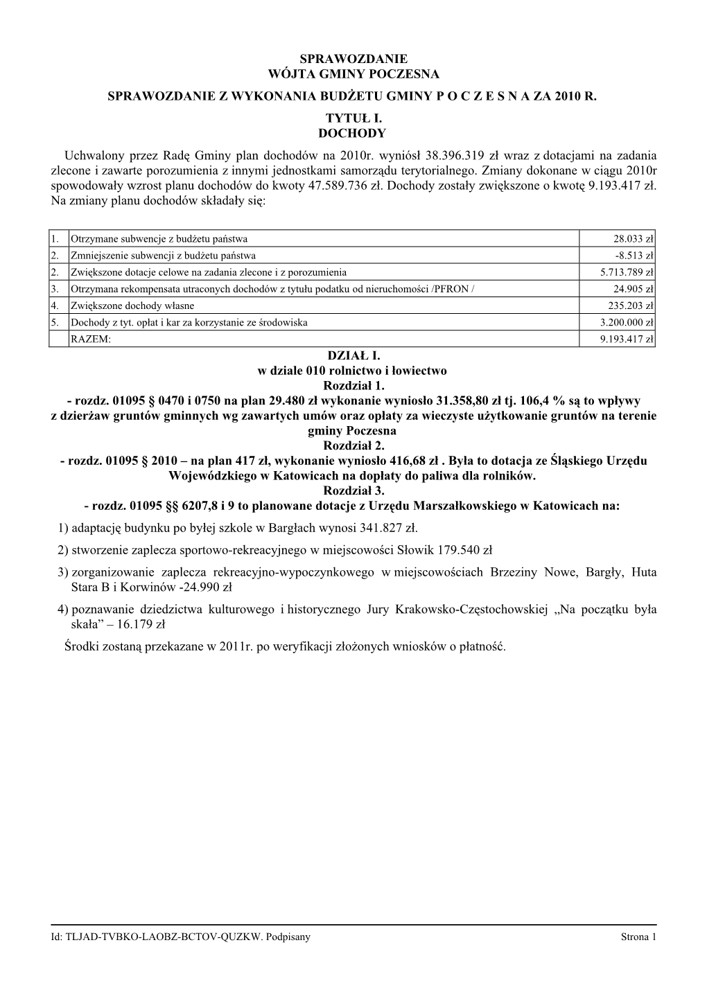 Sprawozdanie Wójta Gminy Poczesna Sprawozdanie Z Wykonania Budżetu Gminy P O C Z E S N a Za 2010 R