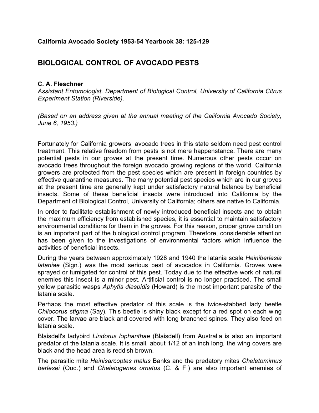 Biological Control of Avocado Pests