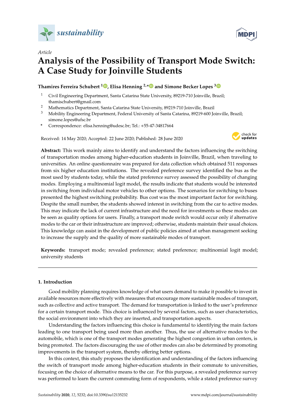 Analysis of the Possibility of Transport Mode Switch: a Case Study for Joinville Students