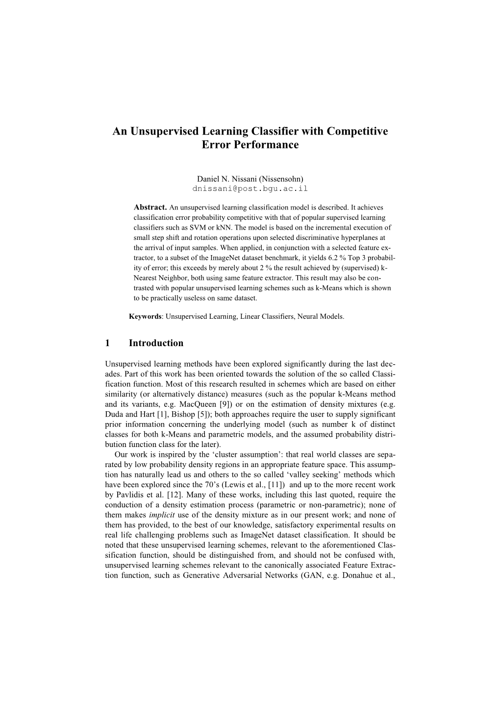 An Unsupervised Learning Classifier with Competitive Error Performance