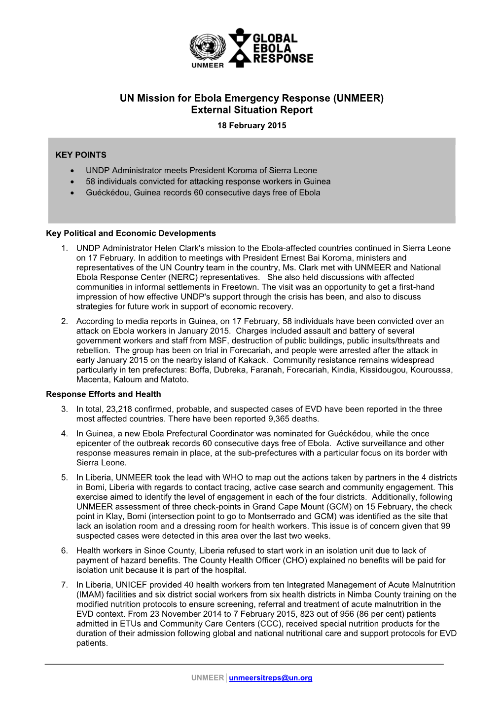 UNMEER) External Situation Report 18 February 2015