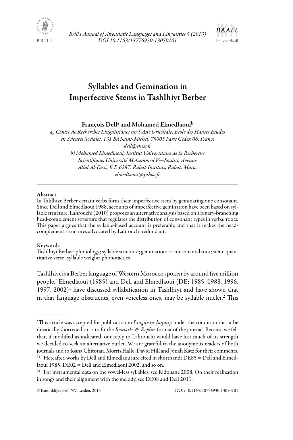 Syllables and Gemination in Imperfective Stems in Tashlhiyt Berber