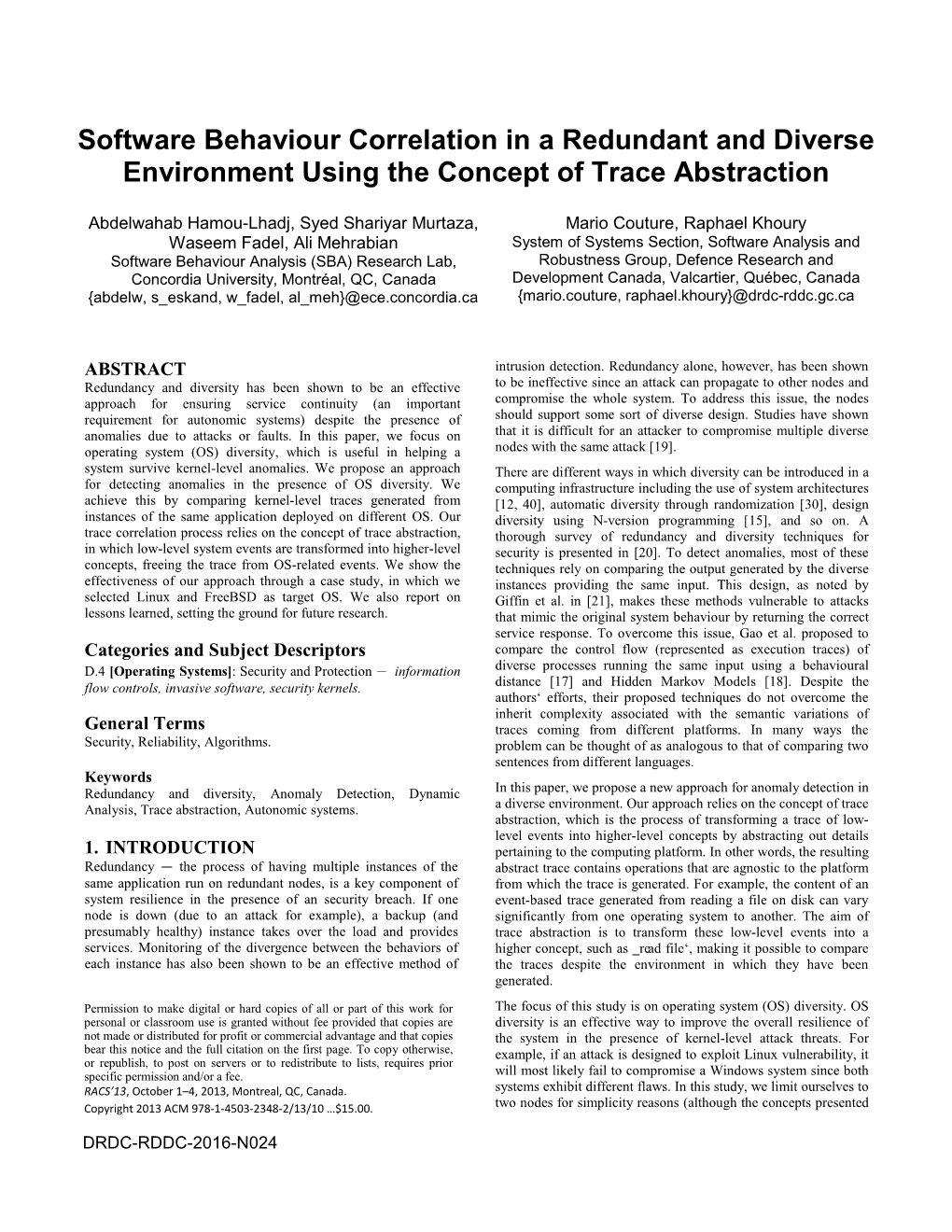 Software Behaviour Correlation in a Redundant and Diverse Environment Using the Concept of Trace Abstraction